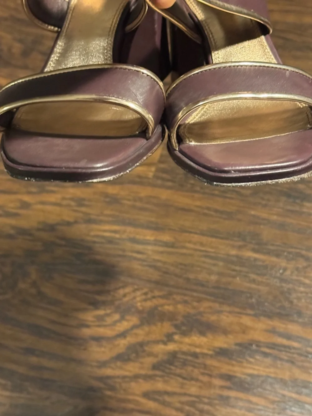 Tory Burch Dark Brown Leather Block Heel Sandals with Gold Accents